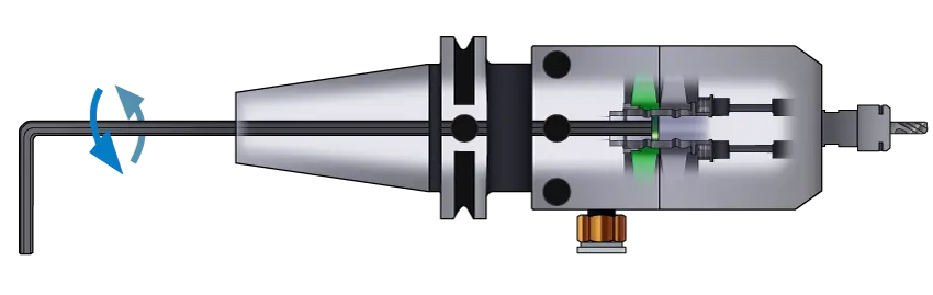 Diagram Displaying that you only need to turn a hex key at the back of the Spindle to switch between speed modes.