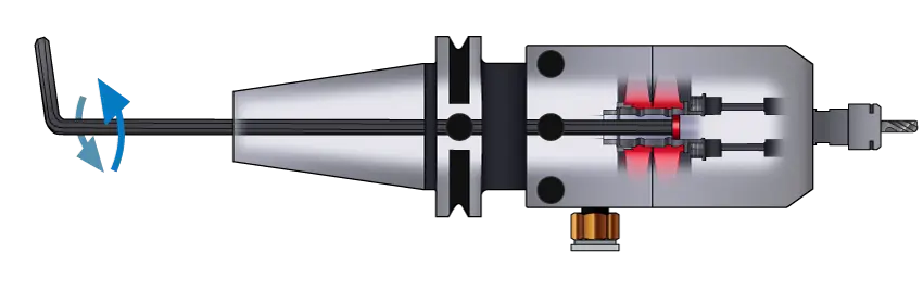 Diagram Displaying that you only need to turn a hex key at the back of the Spindle to switch between speed modes.