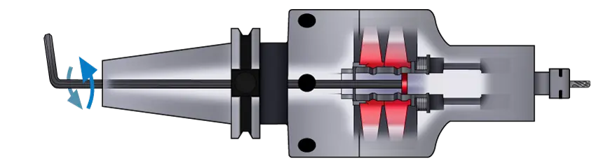 Diagram Displaying that you only need to turn a hex key at the back of the Spindle to switch between speed modes.
